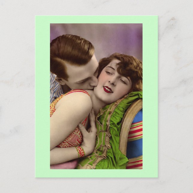 Fransk Romantic Couple Kärlek Kiss Vintage Vykort (Framsida)