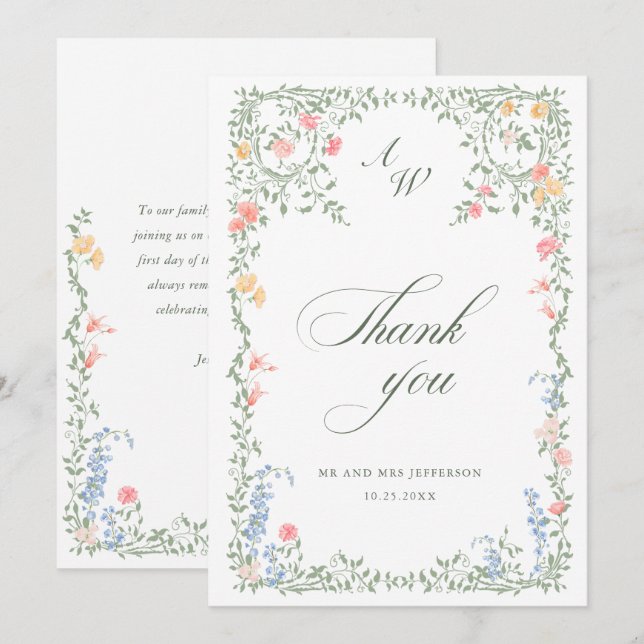 Fransk Ros Blommig Bröllop i Pastellfärg Tack Kort (Fram/baksida)