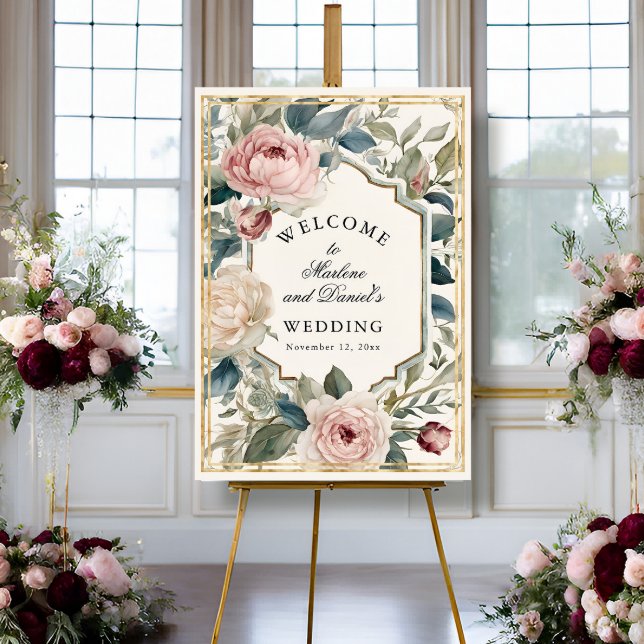 Fransk Rosa och Guld Blommigt Peony Elegant bröllo Poster (Skapare uppladdad)