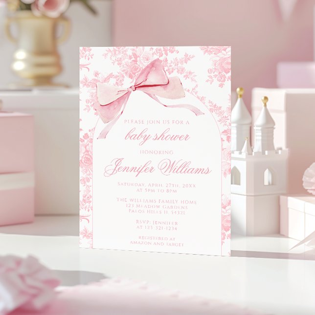 Fransk Rosa Toile Blommigt Bow Boho Flicka Shower Inbjudningar (Skapare uppladdad)