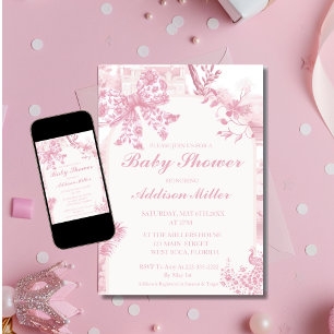 Fransk Rosa Toile Blommigt Bow Flicka Shower Spara Datumet