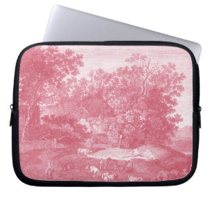 Fransk Rosa Toile de Jouy Sjaskig Counry landskap Laptop Fodral