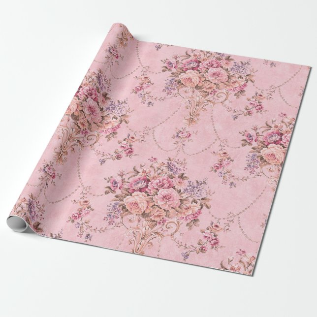 Fransk Rosa Victorian Stil Blommigt Decoupage Presentpapper (Utrullad)