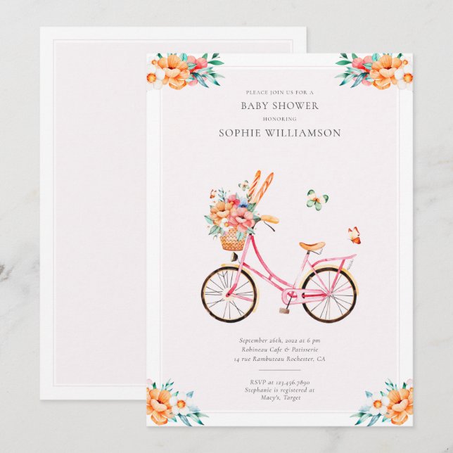 Fransk Rosa Vintage Bicycle Baby Shower Inbjudningar (Fram/baksida)