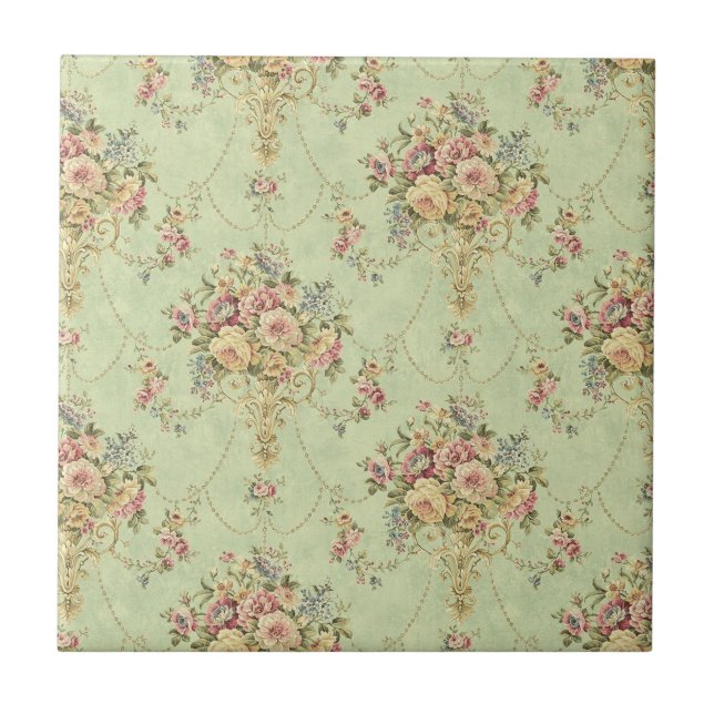 Fransk Sage Grönt Victorian Stil Blommigt Rococo Kakelplatta (Framsidan)