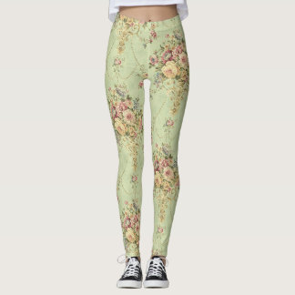 Fransk Sage Grönt Victorian Stil Blommigt Rococo Leggings