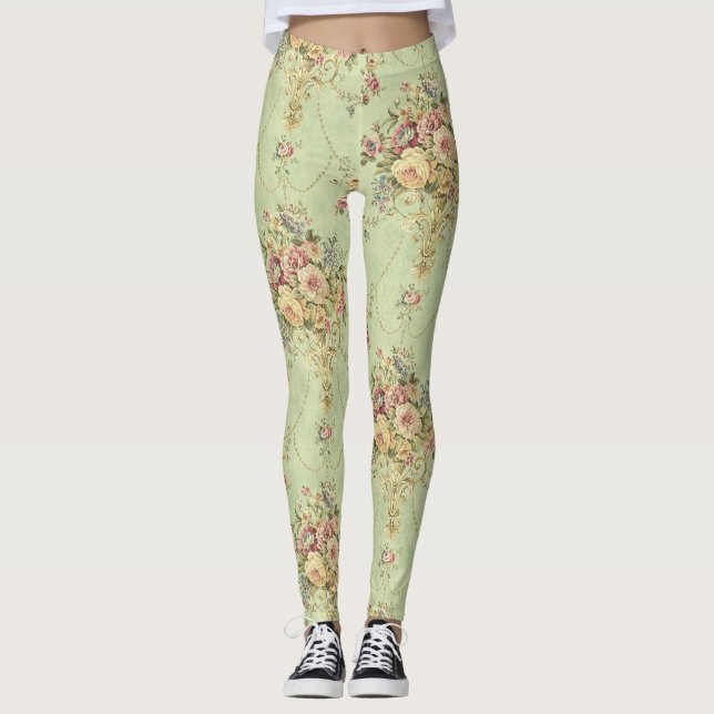Fransk Sage Grönt Victorian Stil Blommigt Rococo Leggings (Framsida)