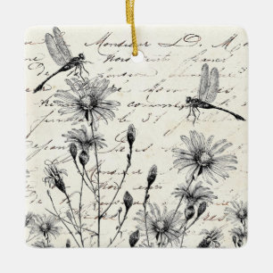 Fransk Script Wildblomma Dragonfly-juldekoration Julgransprydnad Keramik