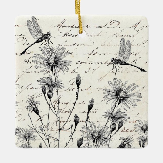 Fransk Script Wildblomma Dragonfly-juldekoration Julgransprydnad Keramik (Framsida)