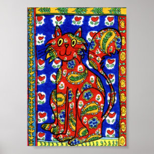 Fransk Stil Red Paisley Cat Mini Folk Art Poster