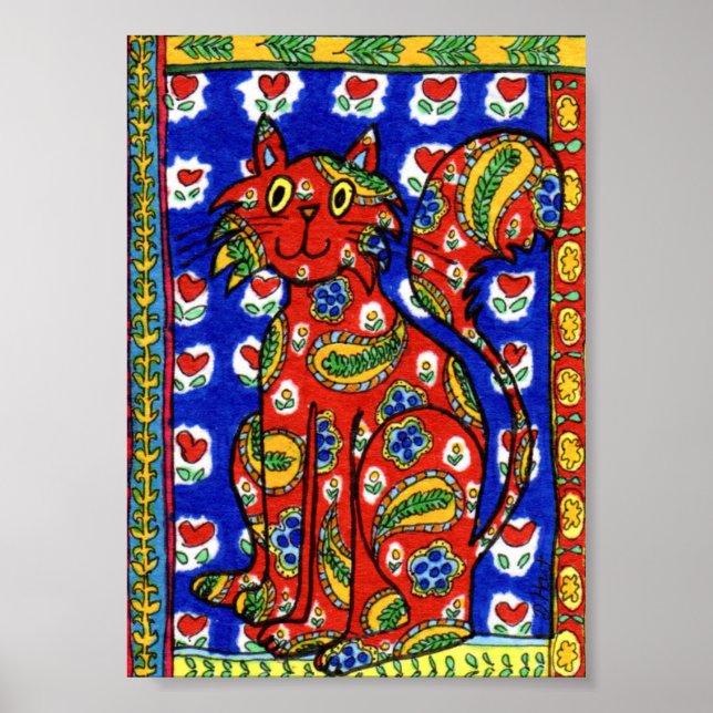 Fransk Stil Red Paisley Cat Mini Folk Art Poster (Framsidan)