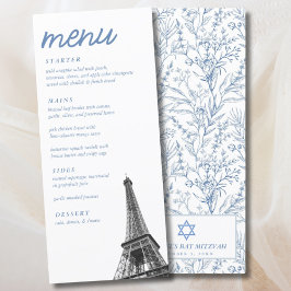 Fransk Toile Bat mitzvah Eiffel Torn Elegant Menu Meny
