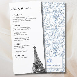 Fransk Toile Bat mitzvah Eiffel Torn Elegant Menu Meny
