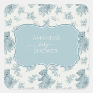 Fransk Toile Bear and Bunny Baby Shower Fyrkantigt Klistermärke