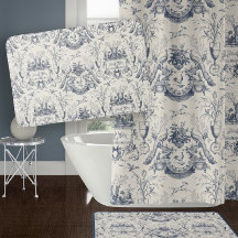 Fransk Toile Blå Påfågel Vintage Tupp och Kanin