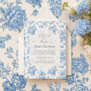 Fransk Toile Blommigt Bear Baby Shower Inbjudningar