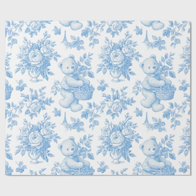 Fransk Toile Blommigt Bear Presentpapper (Platt)