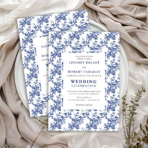 Fransk Toile de Jouy Blå Blommig Bröllopsinbjudan Inbjudningar
