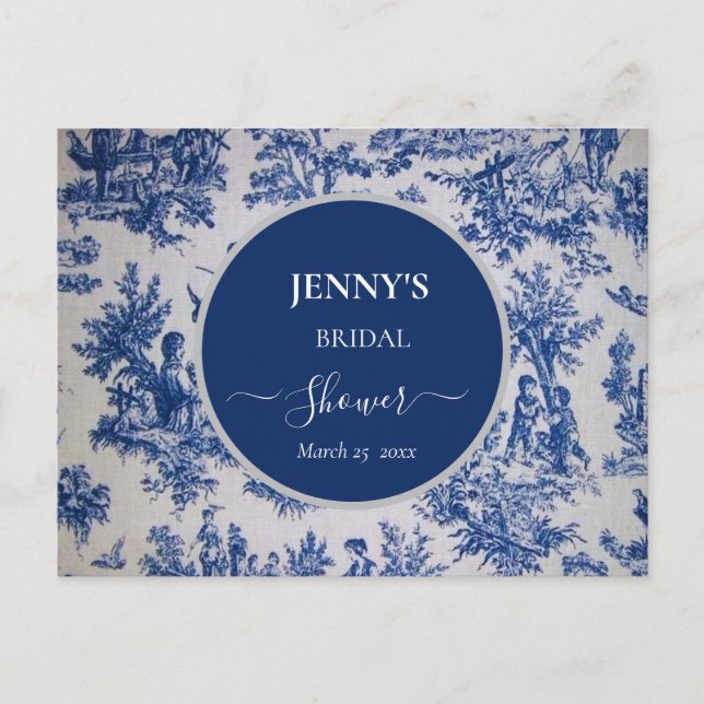 Fransk Toile de Jouy blå och vit bröllopsfest Meddelande Vykort (Framsida)