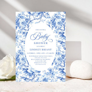 Fransk Toile de Jouy Blå Roser Bebis Shower Inbjud Inbjudningar