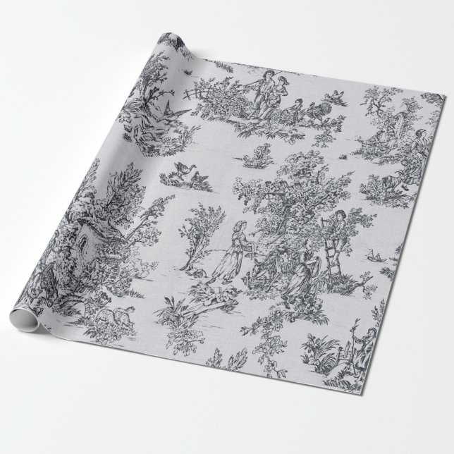 Fransk toile de jouy black and white decoupage presentpapper (Utrullad)