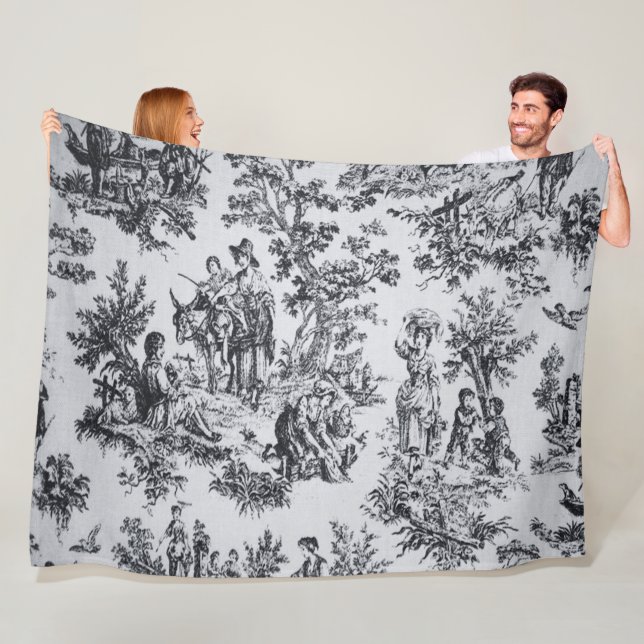 Fransk toile de jouy black and white elegant fleecefilt (På plats)