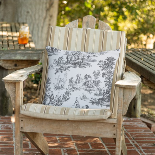 Fransk toile de jouy black and white elegant patio kudde (Stol)
