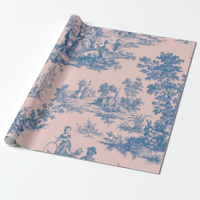 Fransk toile de jouy blue and rosa decoupage presentpapper (Utrullad)