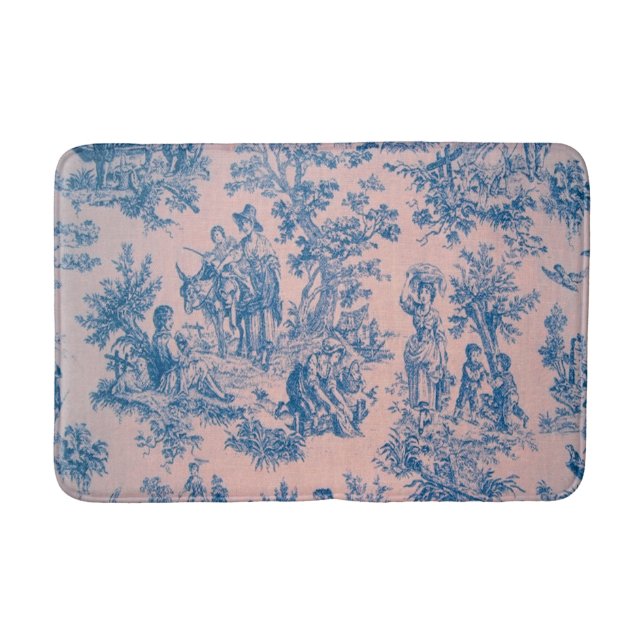 Fransk toile de jouy blue and rosa elegant badrumsmatta (Framsidan)