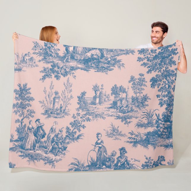 Fransk toile de jouy blue and rosa elegant fleecefilt (På plats)