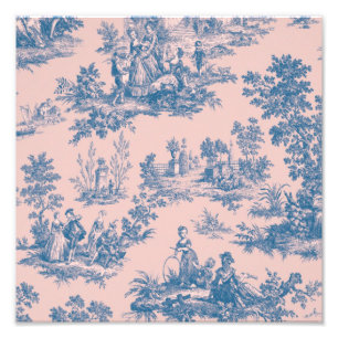 Fransk toile de jouy blue and rosa elegant fototryck