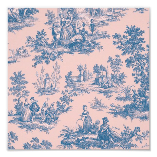 Fransk toile de jouy blue and rosa elegant fototryck (Framsidan)