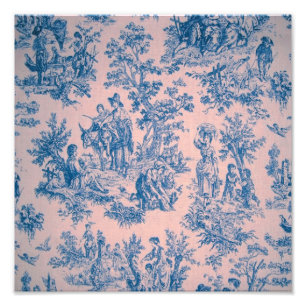 Fransk toile de jouy blue and rosa elegant fototryck