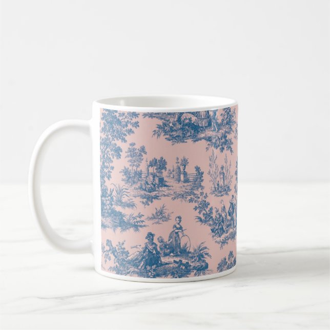 Fransk toile de jouy blue and rosa elegant kaffemugg (Vänster)