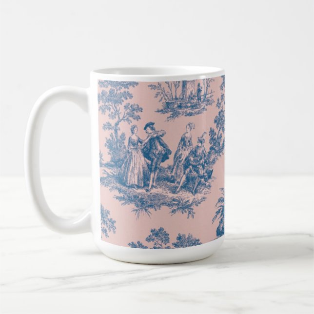 Fransk toile de jouy blue and rosa elegant kaffemugg (Vänster)