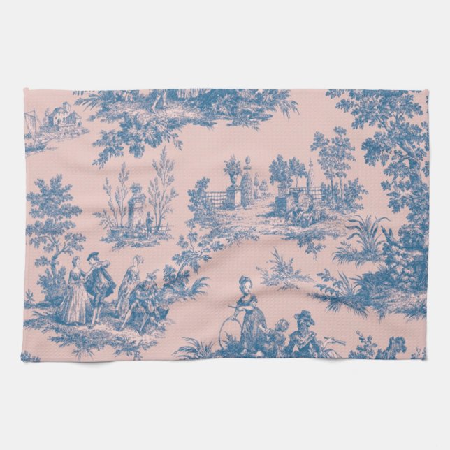 Fransk toile de jouy blue and rosa elegant kökshandduk (Horisontell)