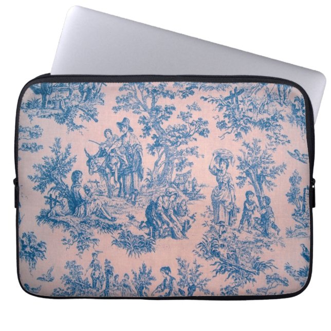 Fransk toile de jouy blue and rosa elegant laptop fodral (Framsidan)