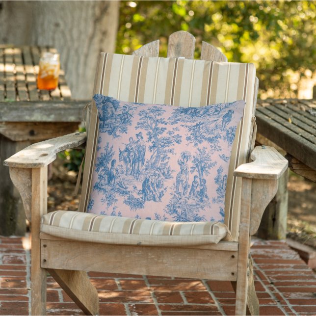 Fransk toile de jouy blue and rosa elegant patio kudde (Stol)