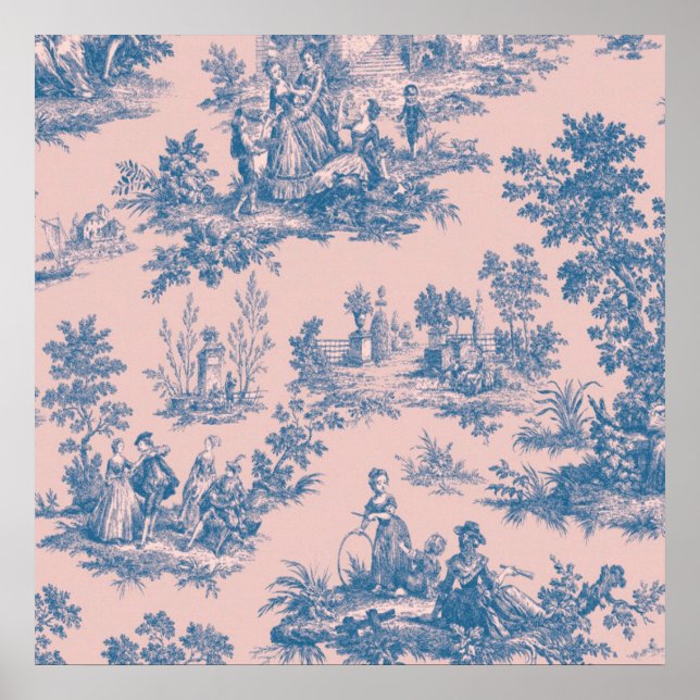 Fransk toile de jouy blue and rosa elegant poster (Framsidan)