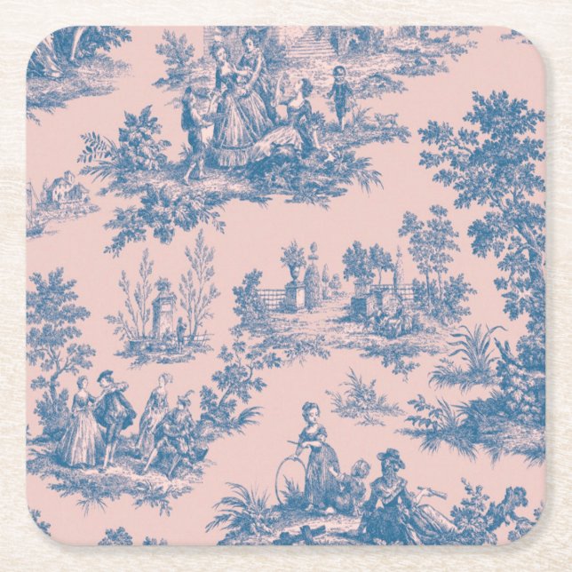Fransk toile de jouy blue and rosa elegant underlägg papper kvadrat (Framsidan)