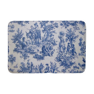 Fransk toile de jouy blue and white elegant badrumsmatta