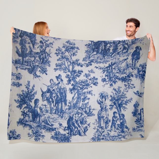 Fransk toile de jouy blue and white elegant fleecefilt (På plats)