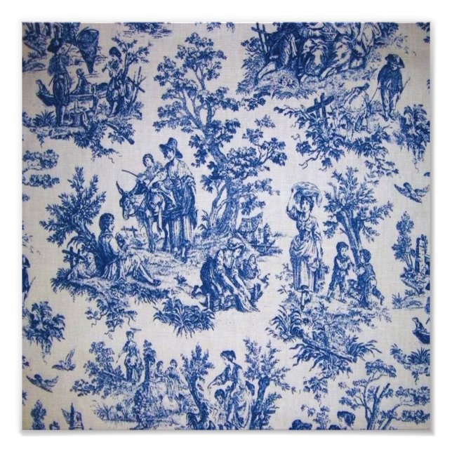 Fransk toile de jouy blue and white elegant fototryck (Framsidan)