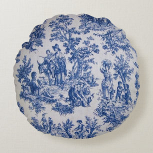 Fransk toile de jouy blue and white elegant rund kudde
