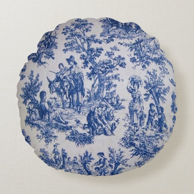 Fransk toile de jouy blue and white elegant rund kudde (Framsidan)
