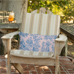 Fransk toile de jouy blue och rosa patiens utomhus lumbarkudde