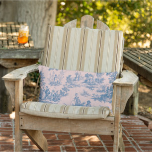 Fransk toile de jouy blue och rosa patiens utomhus lumbarkudde
