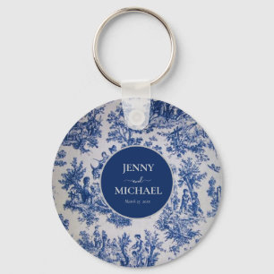 Fransk Toile de Jouy Blue White Elegant bröllop Nyckelring