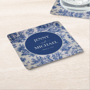 Fransk Toile de Jouy Blue White Elegant bröllop Underlägg Papper Kvadrat