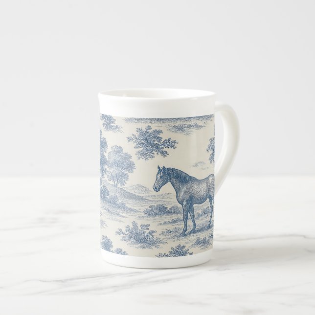 Fransk Toile de Jouy Horse Mönster Benporslin Mugg (Framsida höger)